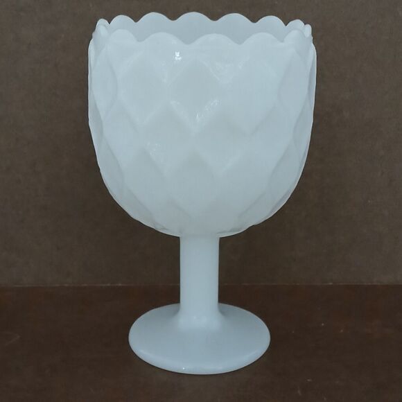 Vintage Anchor Hocking Textured Diamond Pattern White Milk Glass Stemmed Chalice - Picture 4 of 12